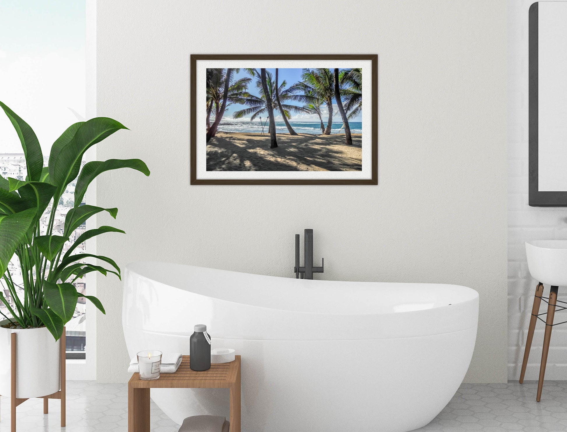 Grace Bay - Sand, Palms & Ocean -Framed Photo - Black Frame on Bathroom Wall