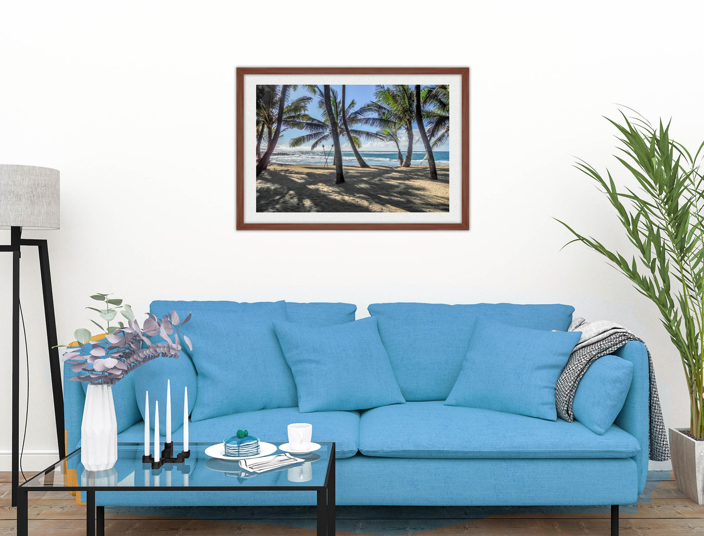 Grace Bay - Sand, Palms & Ocean -Framed Photo - Mahogany on Living Room1 Wall-2