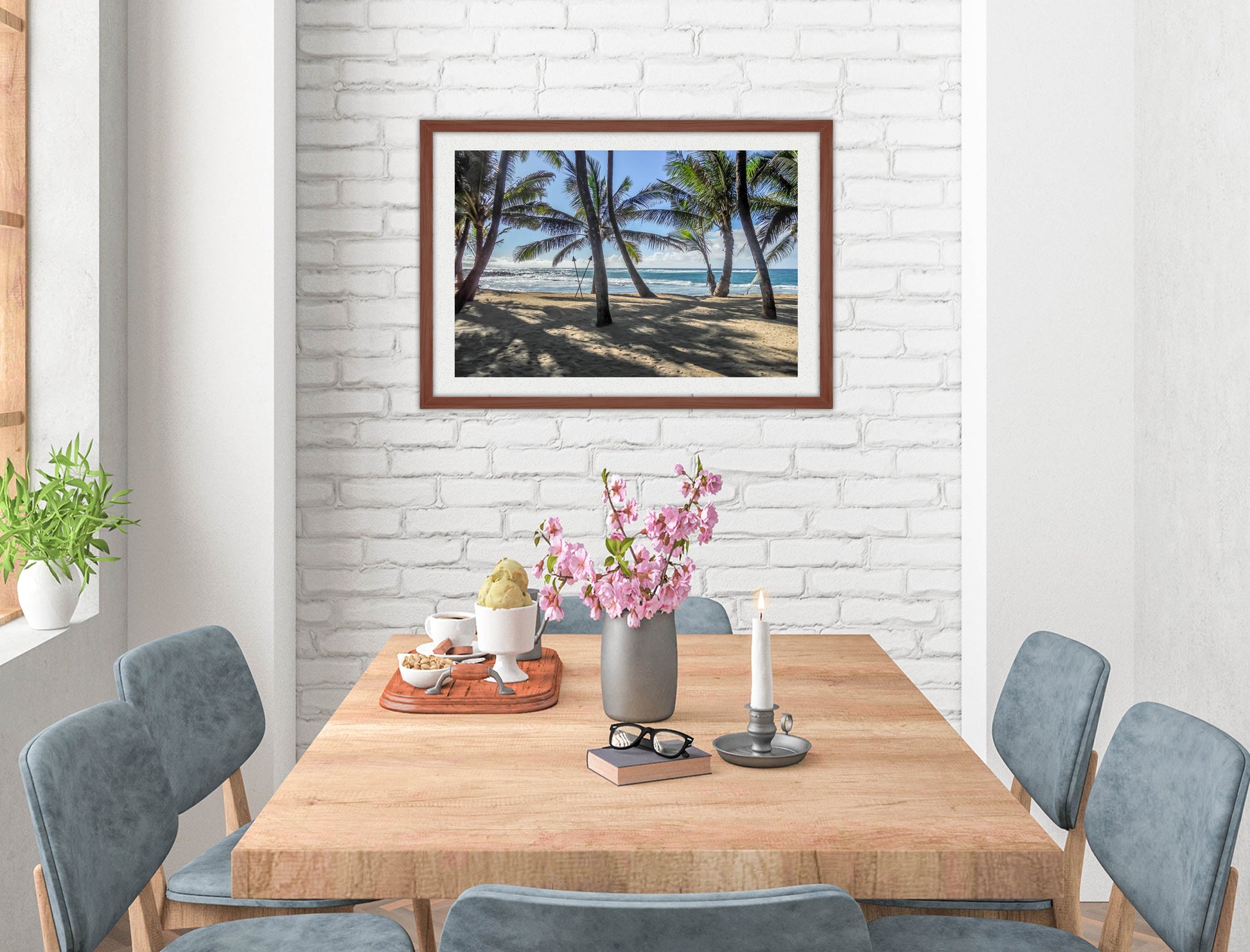 Grace Bay - Sand, Palms & Ocean -Framed Photo - Mahogany on Dining Room Room Wall