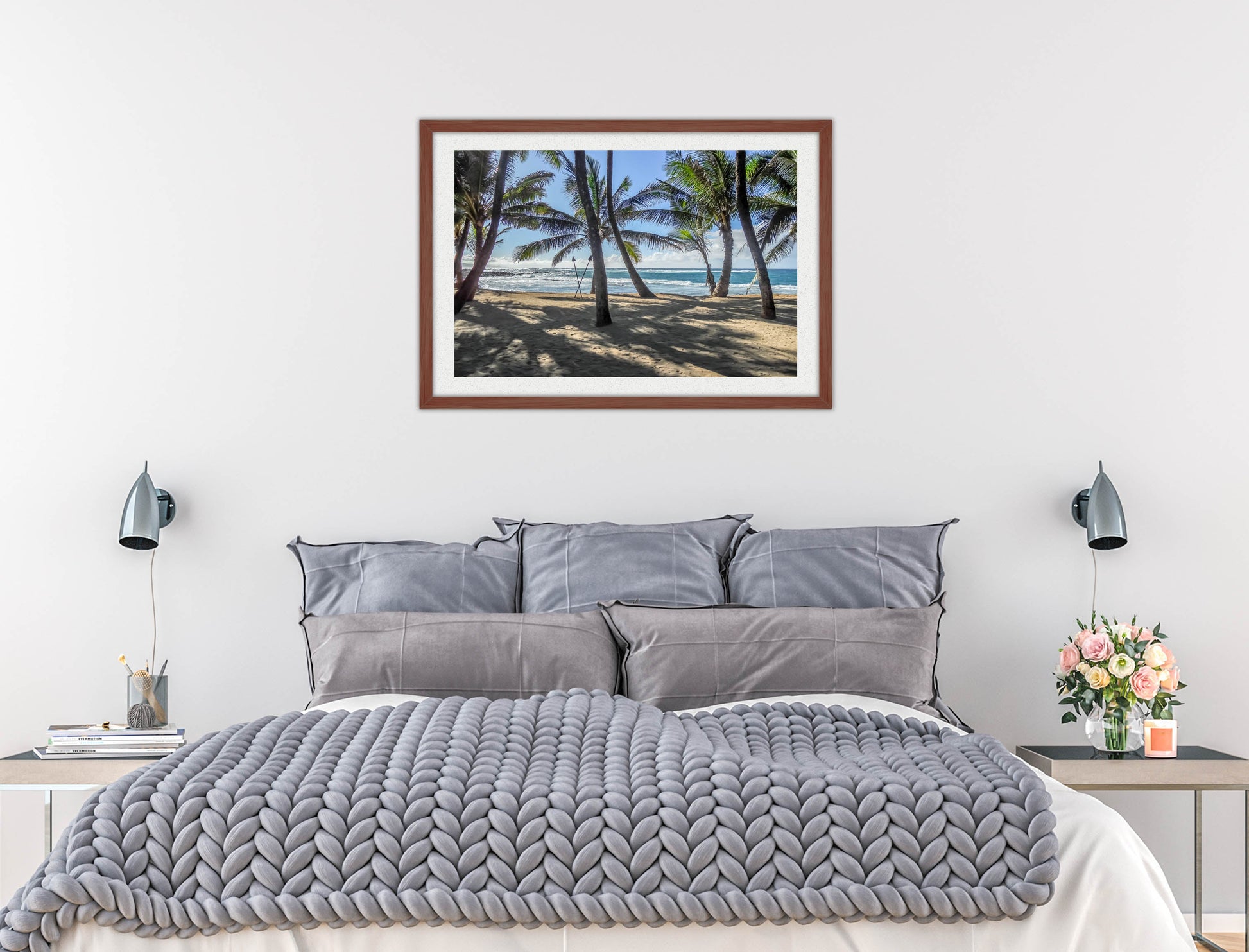 Grace Bay - Sand, Palms & Ocean -Framed Photo - Mahogany Frame on Bedroom Wall