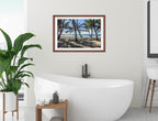 Palm Tree Art - Grace Bay - Sand, Palms & Ocean -Framed Photo - Mahogany Frame on Bathroom Wall