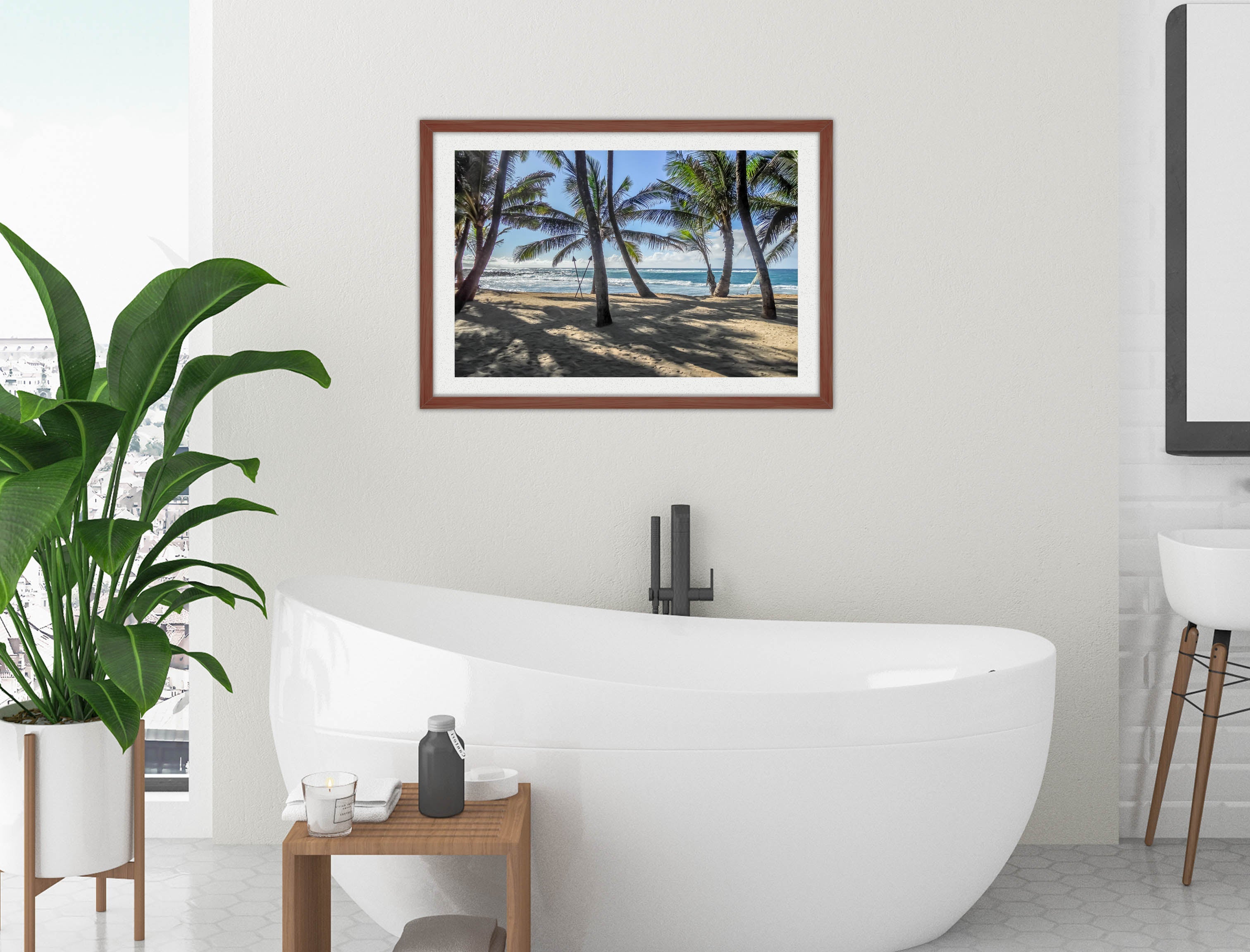 Palm Tree Art - Grace Bay - Sand, Palms & Ocean -Framed Photo - Mahogany Frame on Bathroom Wall