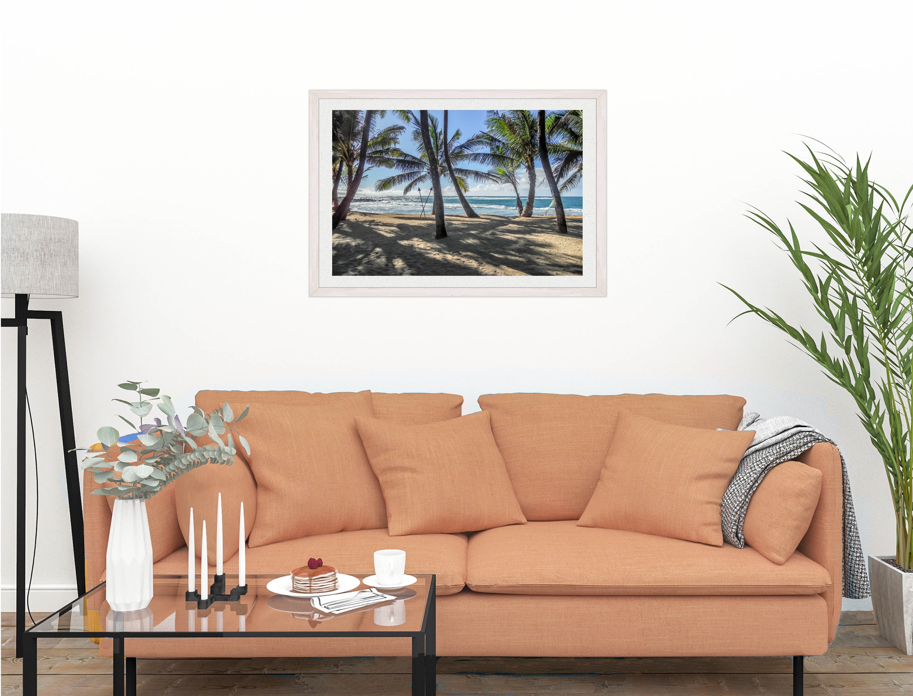 Palm Tree Art - Grace Bay - Sand, Palms & Ocean -Framed Photo - White on Living Room1 Wall-1