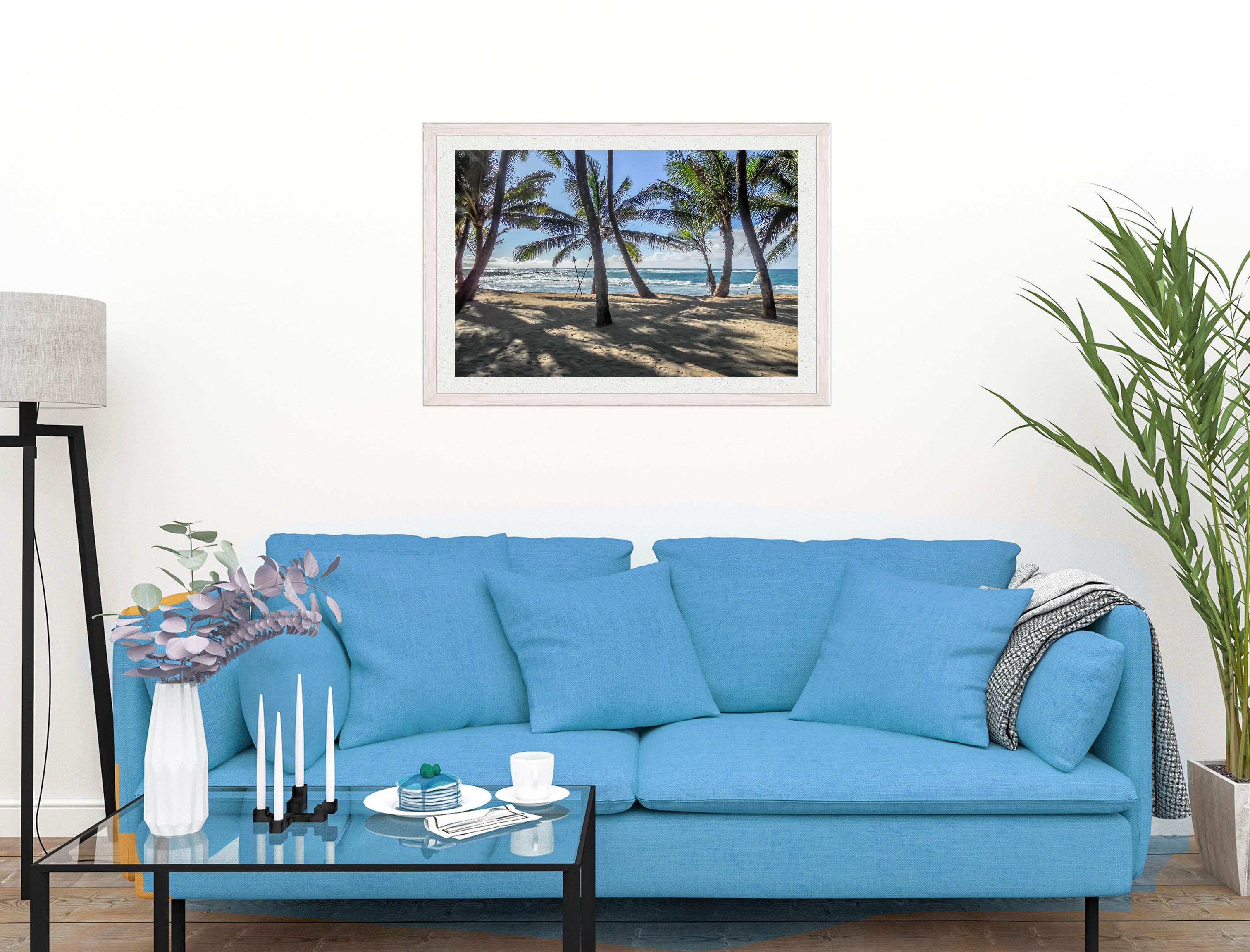Palm Tree Art - Grace Bay - Sand, Palms & Ocean -Framed Photo - White on Living Room1 Wall-2