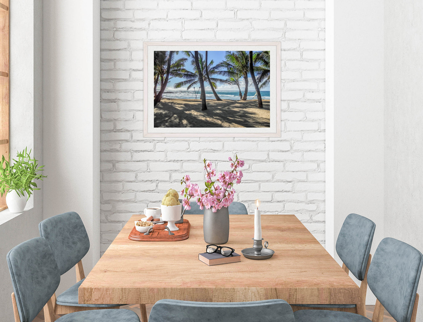 Grace Bay - Sand, Palms & Ocean -Framed Photo - White on Dining Room Room Wall