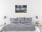 Palm Tree Art - Grace Bay - Sand, Palms & Ocean -Framed Photo - White on Bedroom Wall