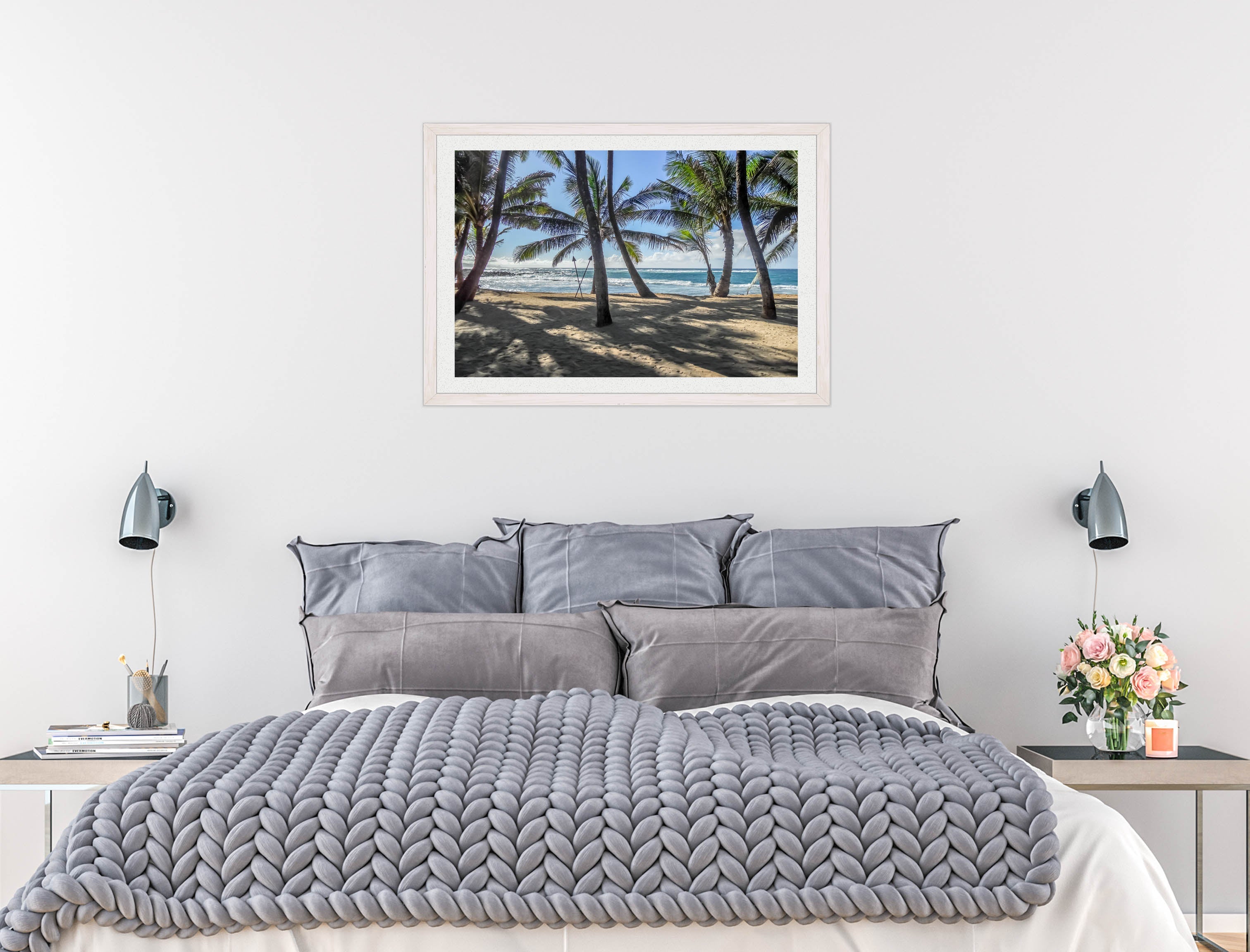 Palm Tree Art - Grace Bay - Sand, Palms & Ocean -Framed Photo - White on Bedroom Wall
