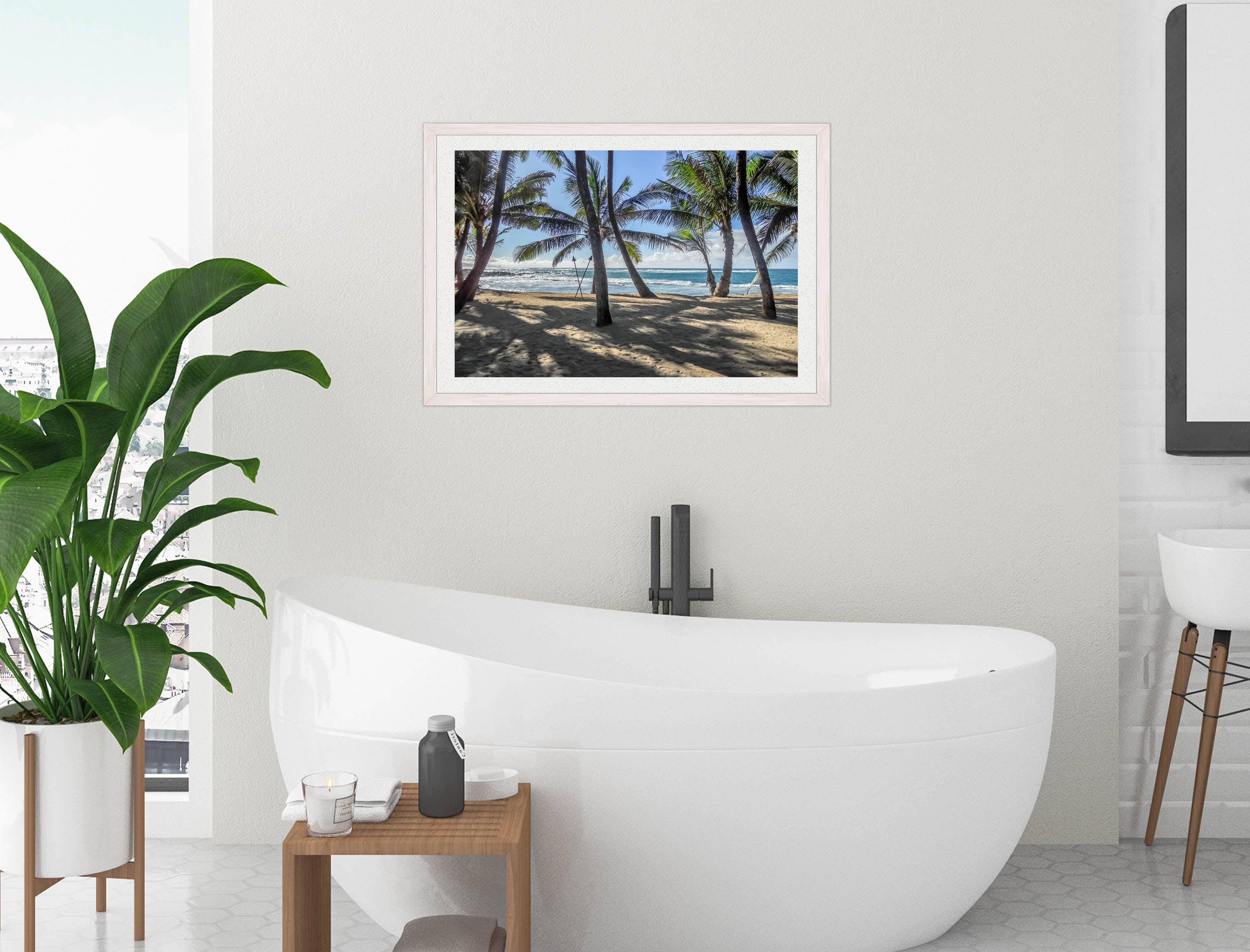 Palm Tree Art - Grace Bay - Sand, Palms & Ocean -Framed Photo - White Frame on Bathroom Wall