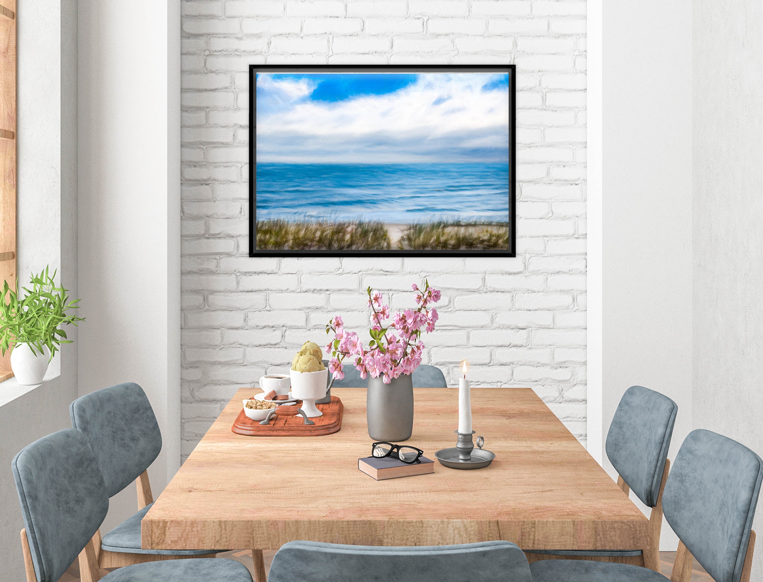 Serenity on the Ocean - Mixed Media -Canvas Wrap - Black Frame on Dining Room Room Wall