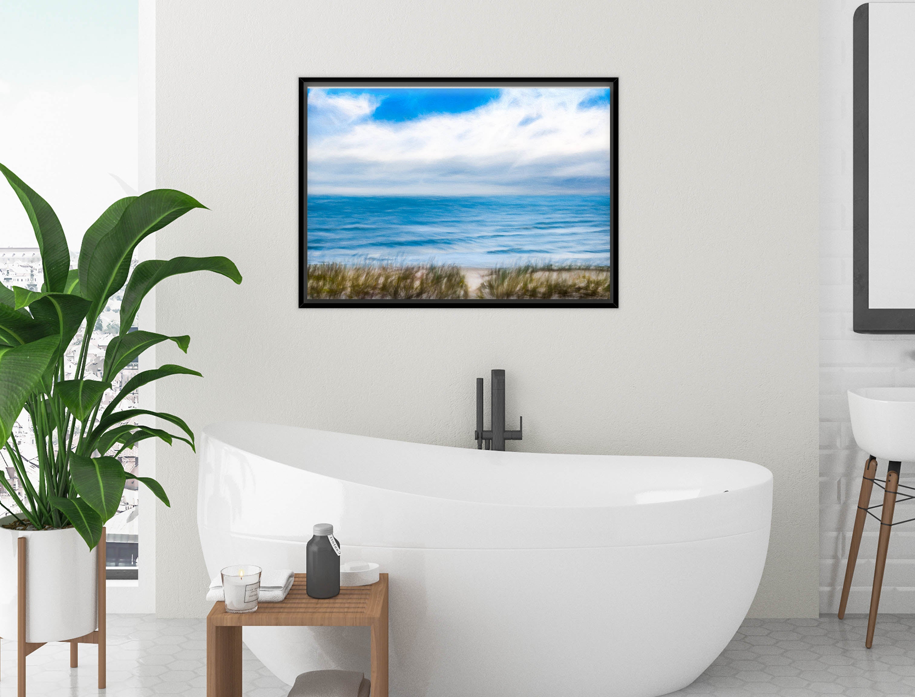 Serenity on the Ocean - Mixed Media -Canvas Wrap - Black Frame on Bathroom Wall