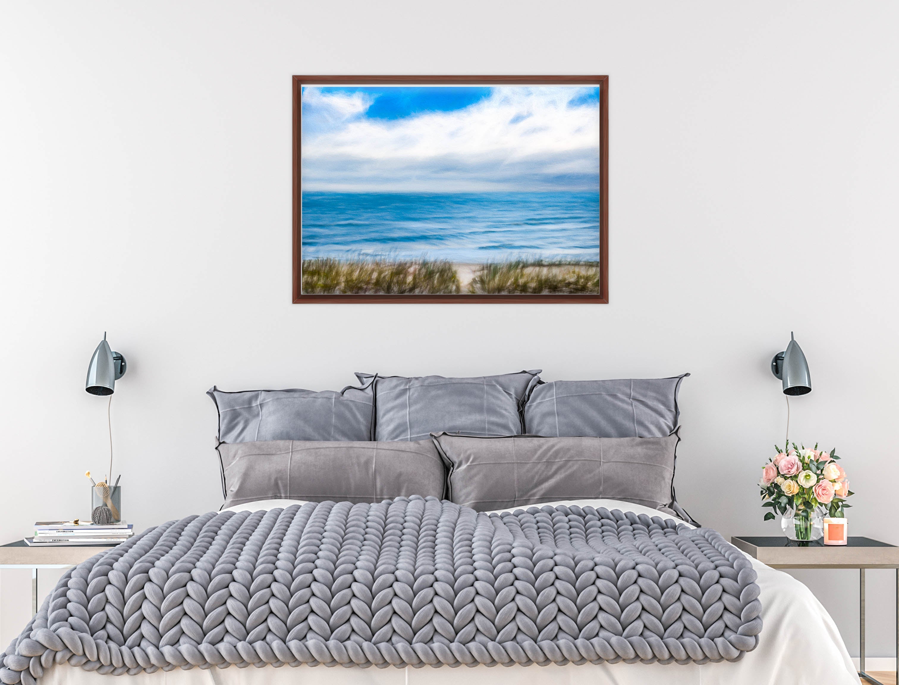 Serenity on the Ocean - Mixed Media -Canvas Wrap - Mahogany Frame on Bedroom Wall