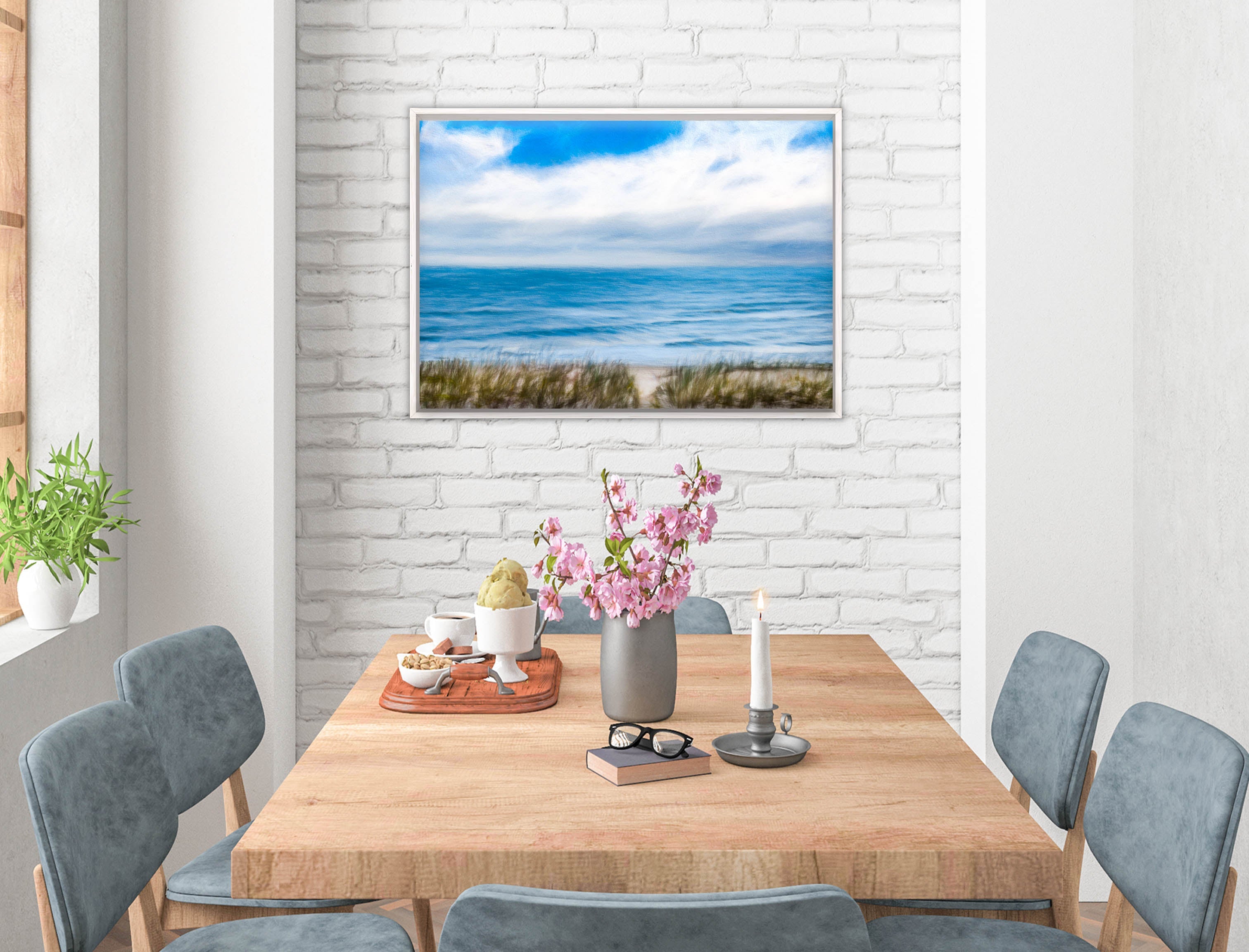 Serenity on the Ocean - Mixed Media -Canvas Wrap - White Frame on Dining Room Room Wall