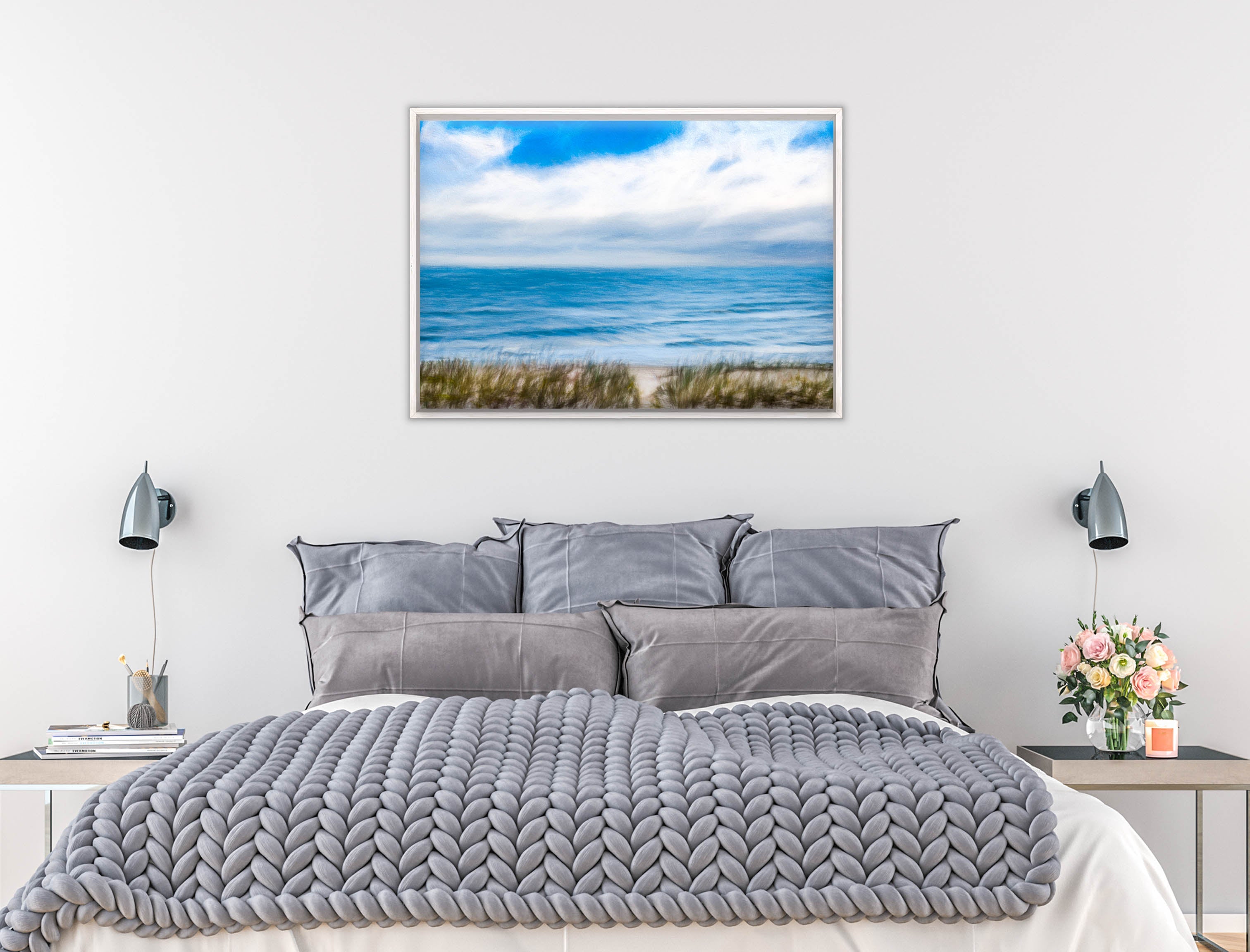 Serenity on the Ocean - Mixed Media -Canvas Wrap - White Frame on Bedroom Wall