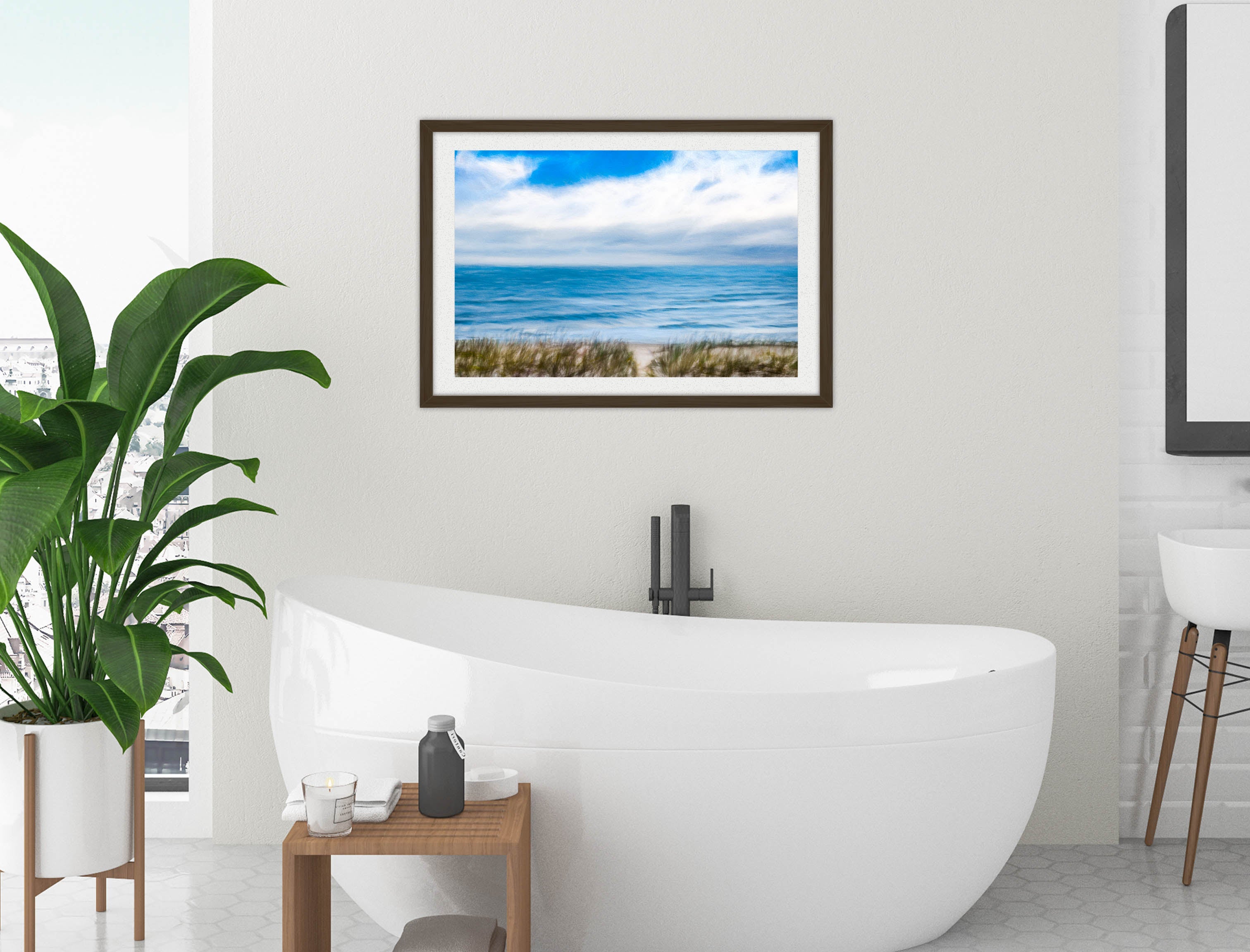 Serenity on the Ocean - Mixed Media -Framed Photo - Black Frame on Bathroom Wall