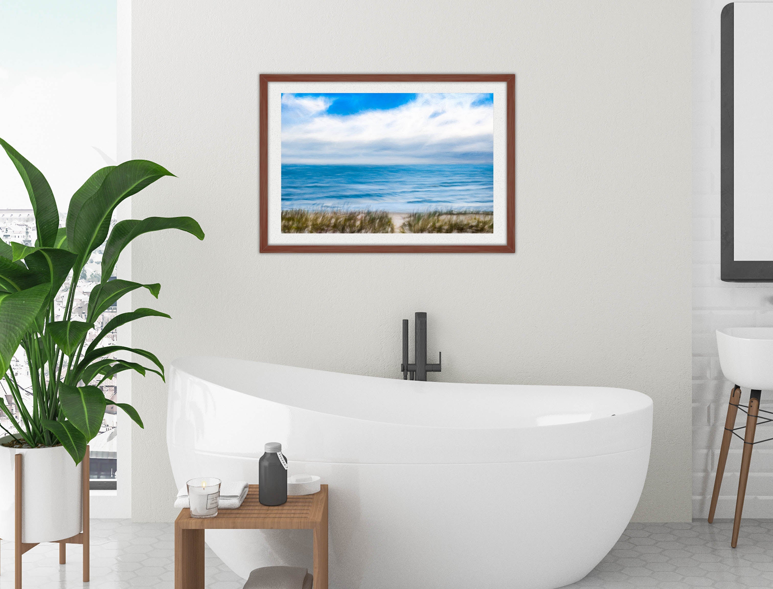 Serenity on the Ocean - Mixed Media -Framed Photo - Mahogany Frame on Bathroom Wall