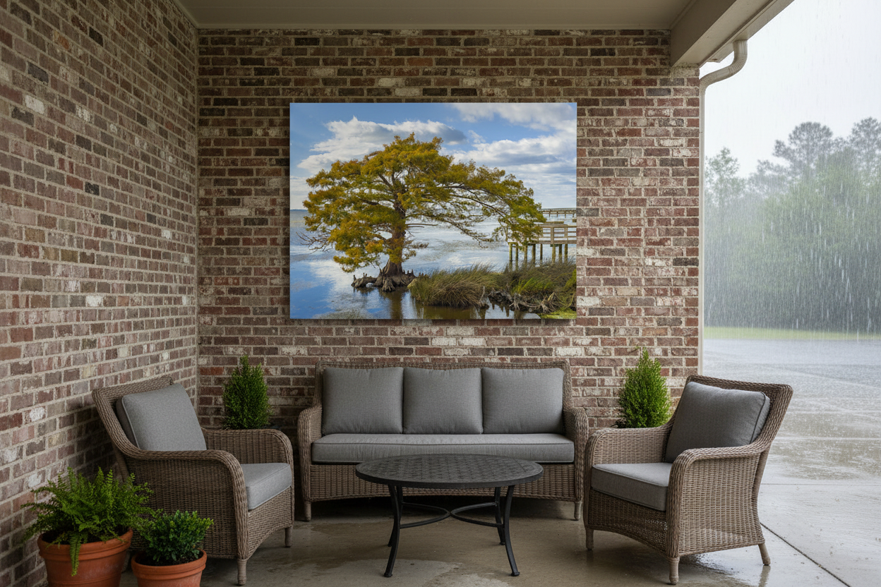 Cypress Tree on the Sound on Brick Patio in Rain