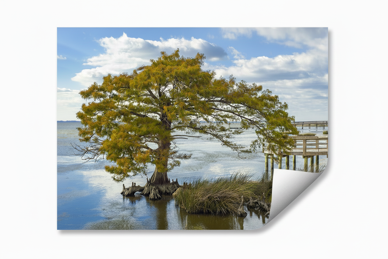 Cypress Tree on the Sound - Plain Print with Balanced Curled Corner