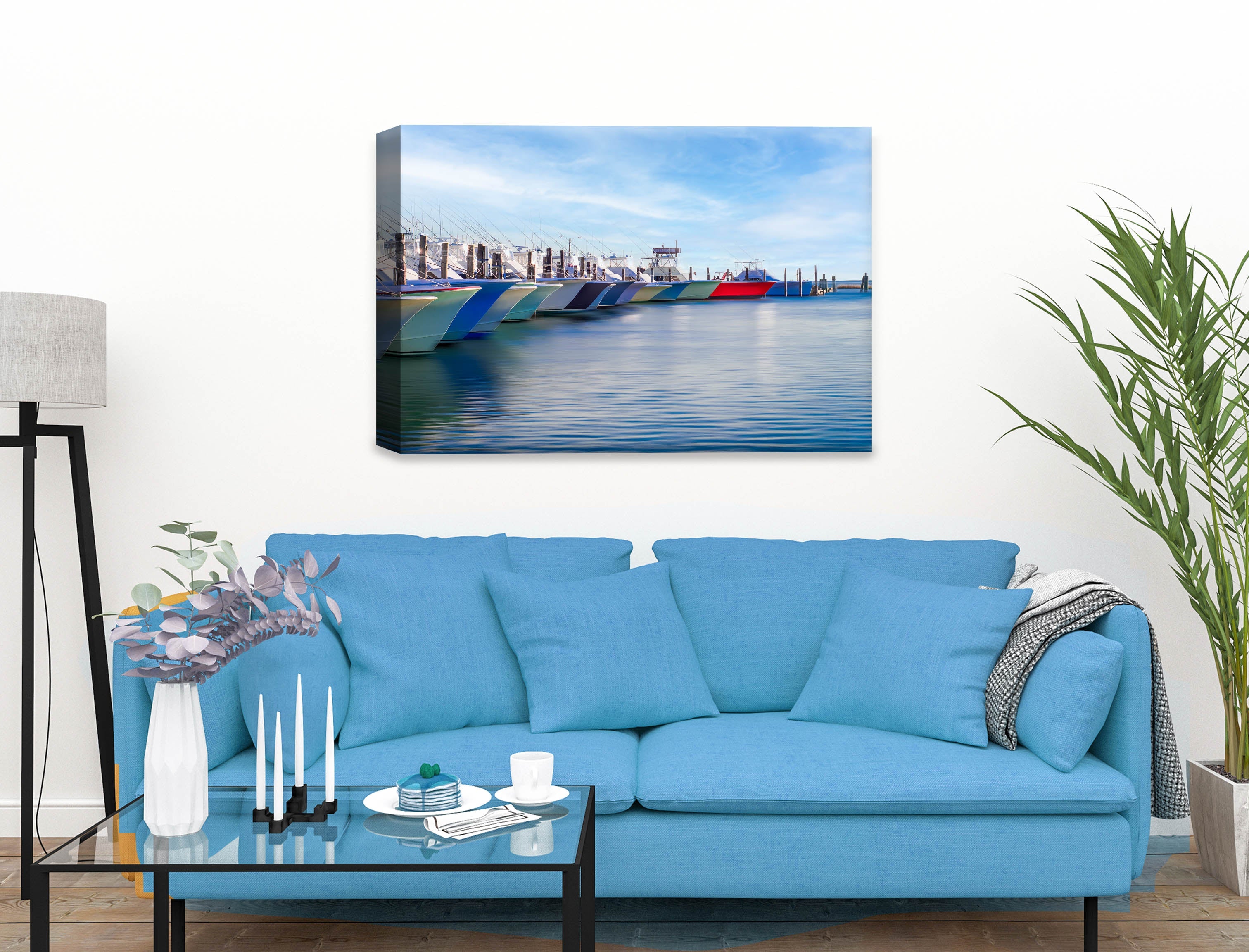 Fishing on the Atlantic - Evening on the Pond - Canvas Wrap on Living Room Wall - Blue Sofa