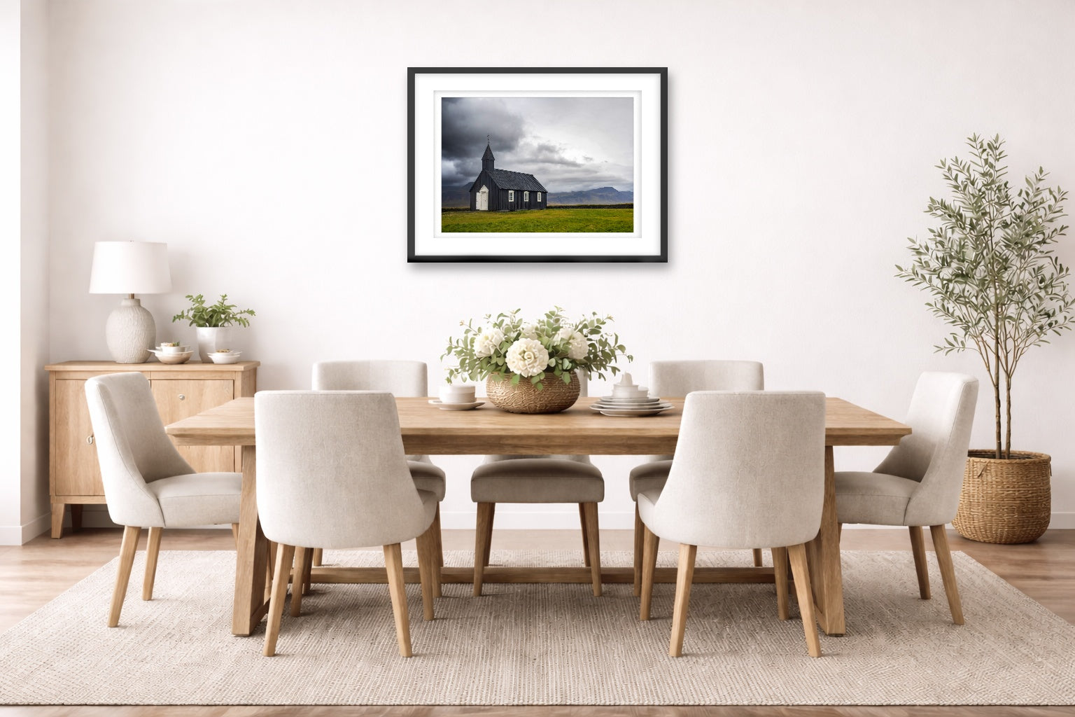 Black Church - Iceland printed on fine art paper, framed on a black frame and matted and hung on a dining room wall.