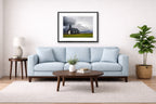 Black Church - Iceland printed on fine art paper, framed on a black frame and matted and hung on a Living Room wall above a couch