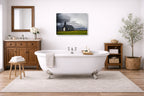 Black Church - Iceland printed on canvas wall art displayed on a bathroom wall .