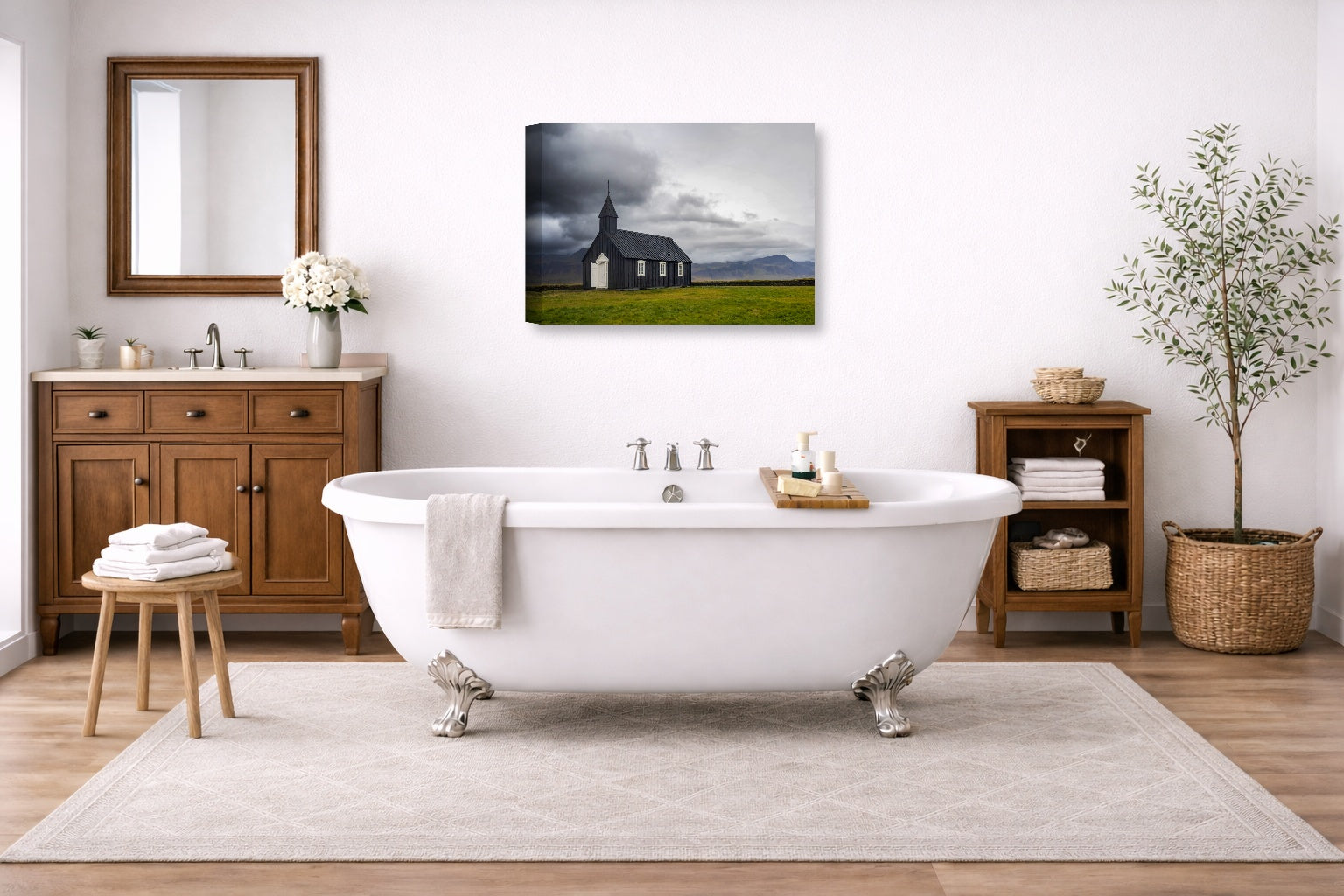 Black Church - Iceland printed on canvas wall art displayed on a bathroom wall .