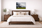 Black Church - Iceland printed on canvas wall art displayed on a wall above a bed.