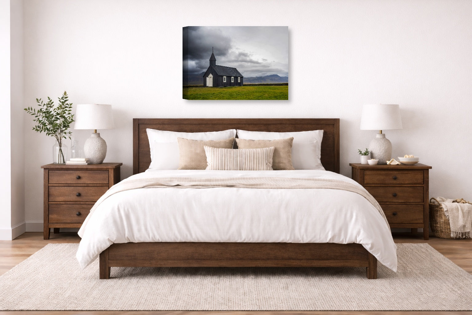 Black Church - Iceland printed on canvas wall art displayed on a wall above a bed.