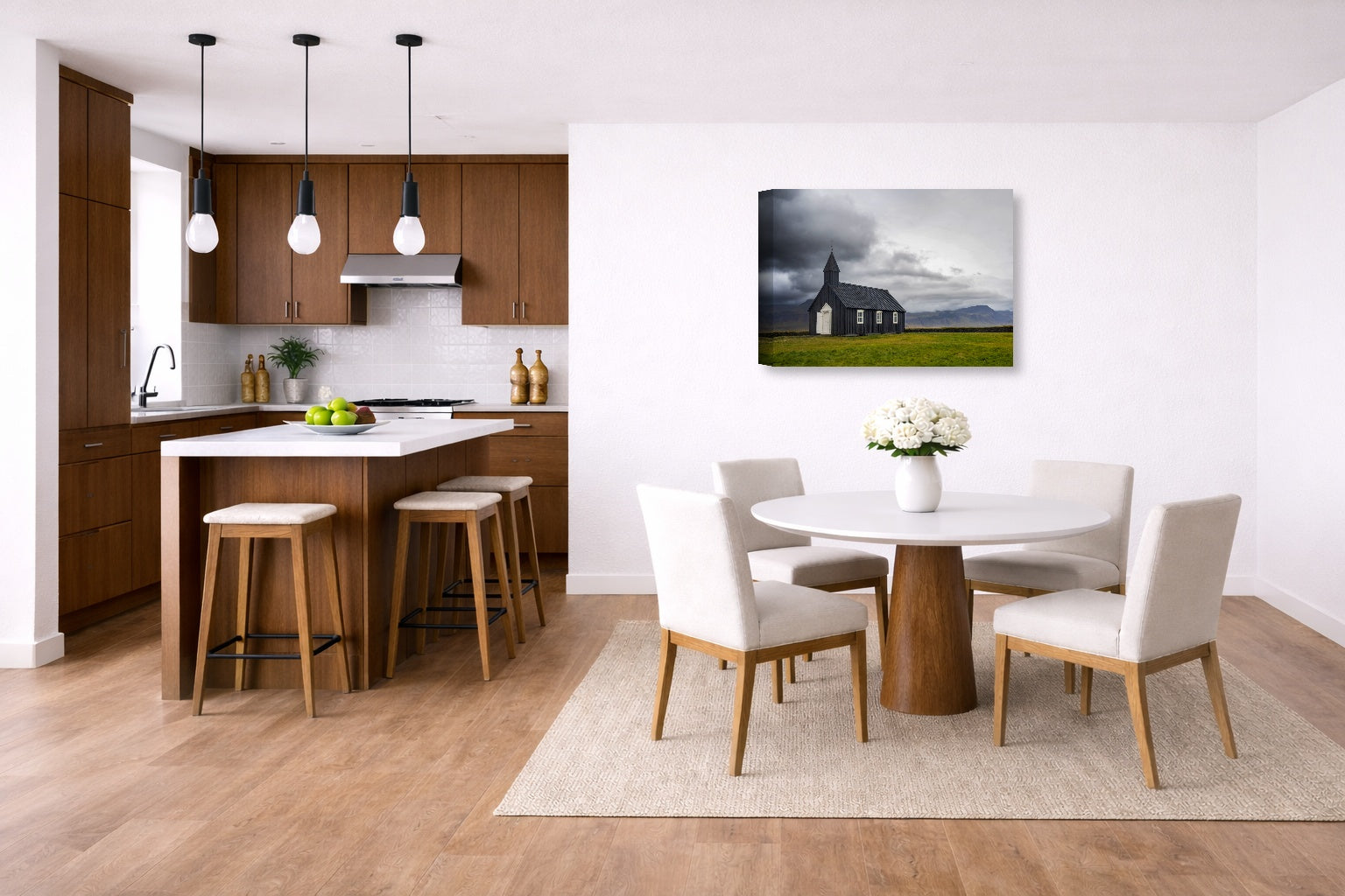 Black Church printed on canvas wall art displayed on a wall in a dinette.