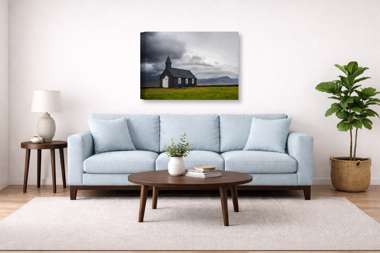 Black Church printed on canvas wall art displayed above a couch in a living room