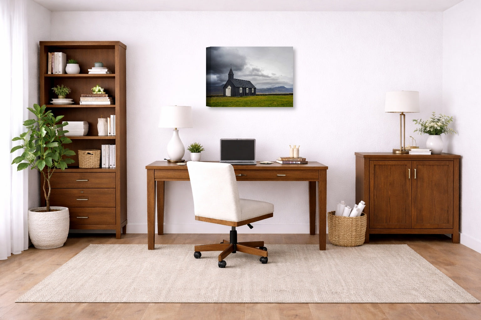 Black Church printed on canvas wall art displayed on a wall in a a home office.