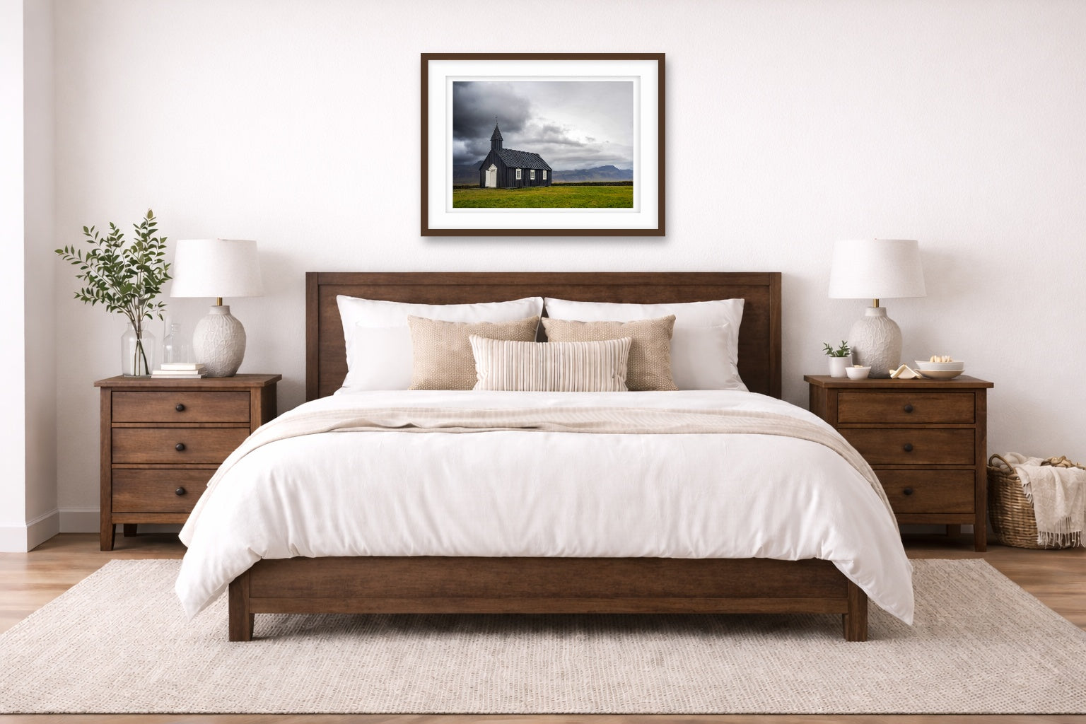 Black Church - Iceland printed on fine art paper, framed on a espresso frame and matted. Hung on a living bedroom wall.