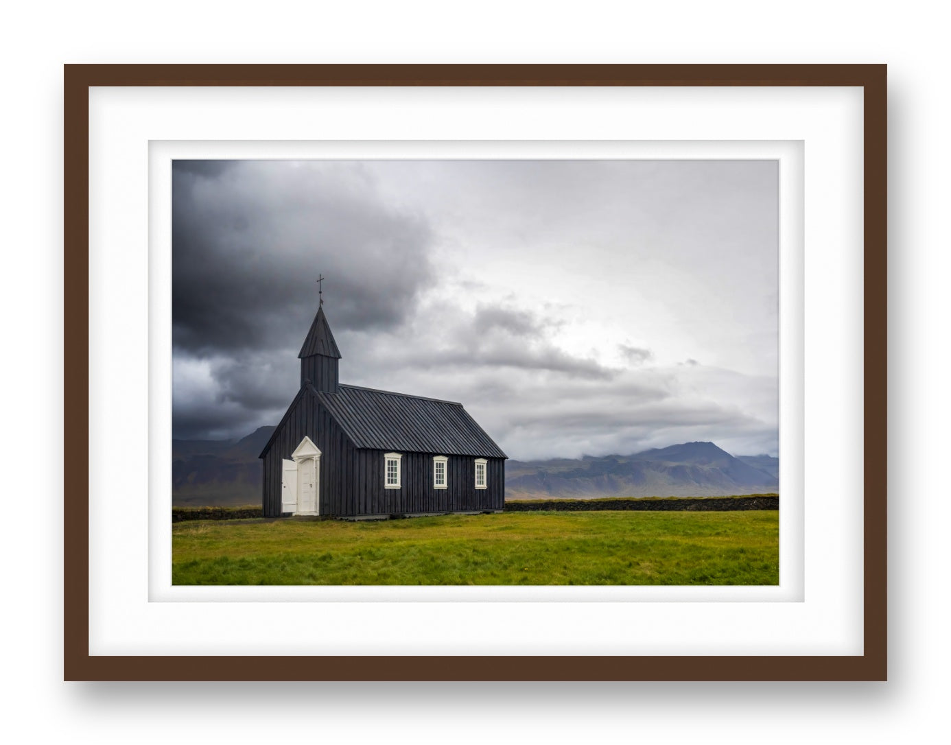 Black Church printed on fine art paper, framed on a espresso frame and matted.
