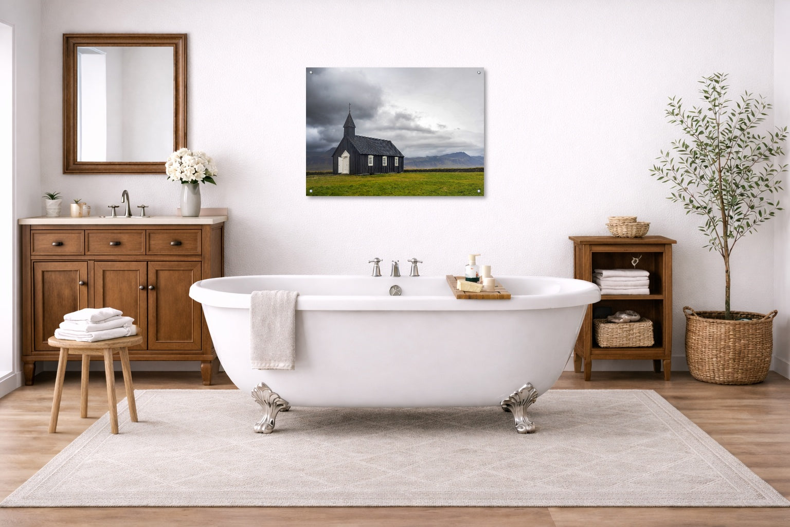 Black Church - Iceland printed on aluminum metal with wall anchors. Hung on a bathroom wall.