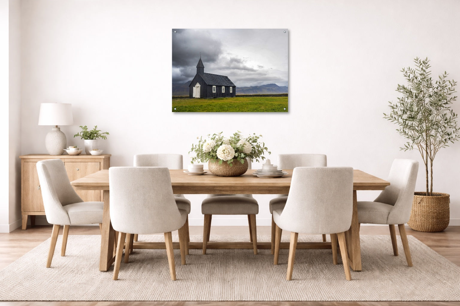 Black Church - Iceland printed on aluminum metal with wall anchors. Hung on a dining room wall.
