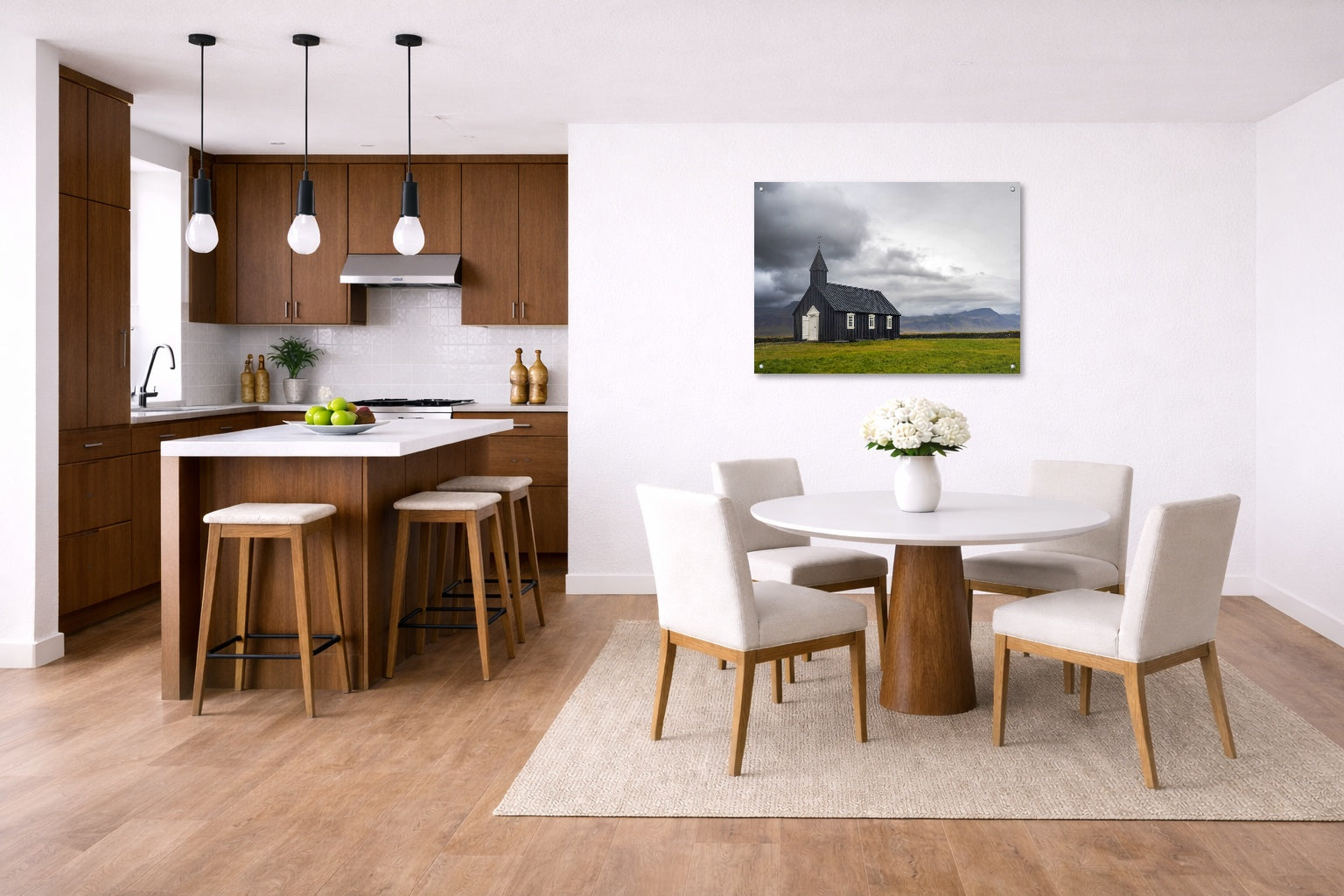 Black Church - Iceland printed on aluminum metal with wall anchors. Hung on a kitchen-dinette wall.