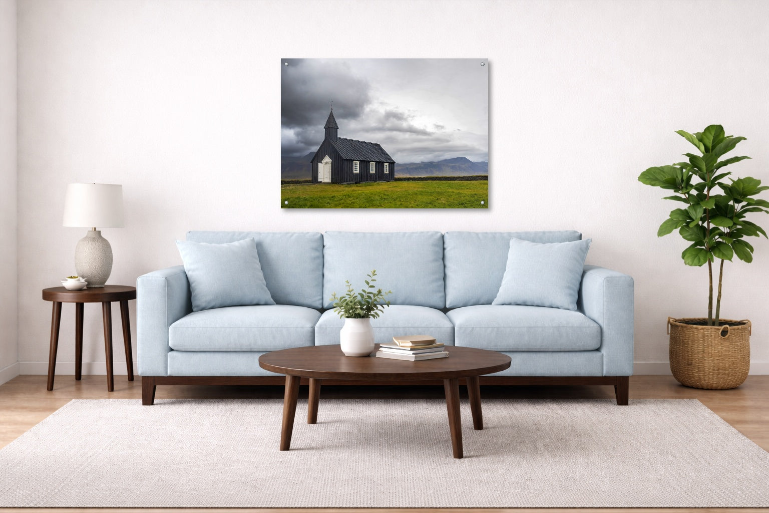 Black Church - Iceland printed on aluminum metal with wall anchors. Hung on a living room wall.