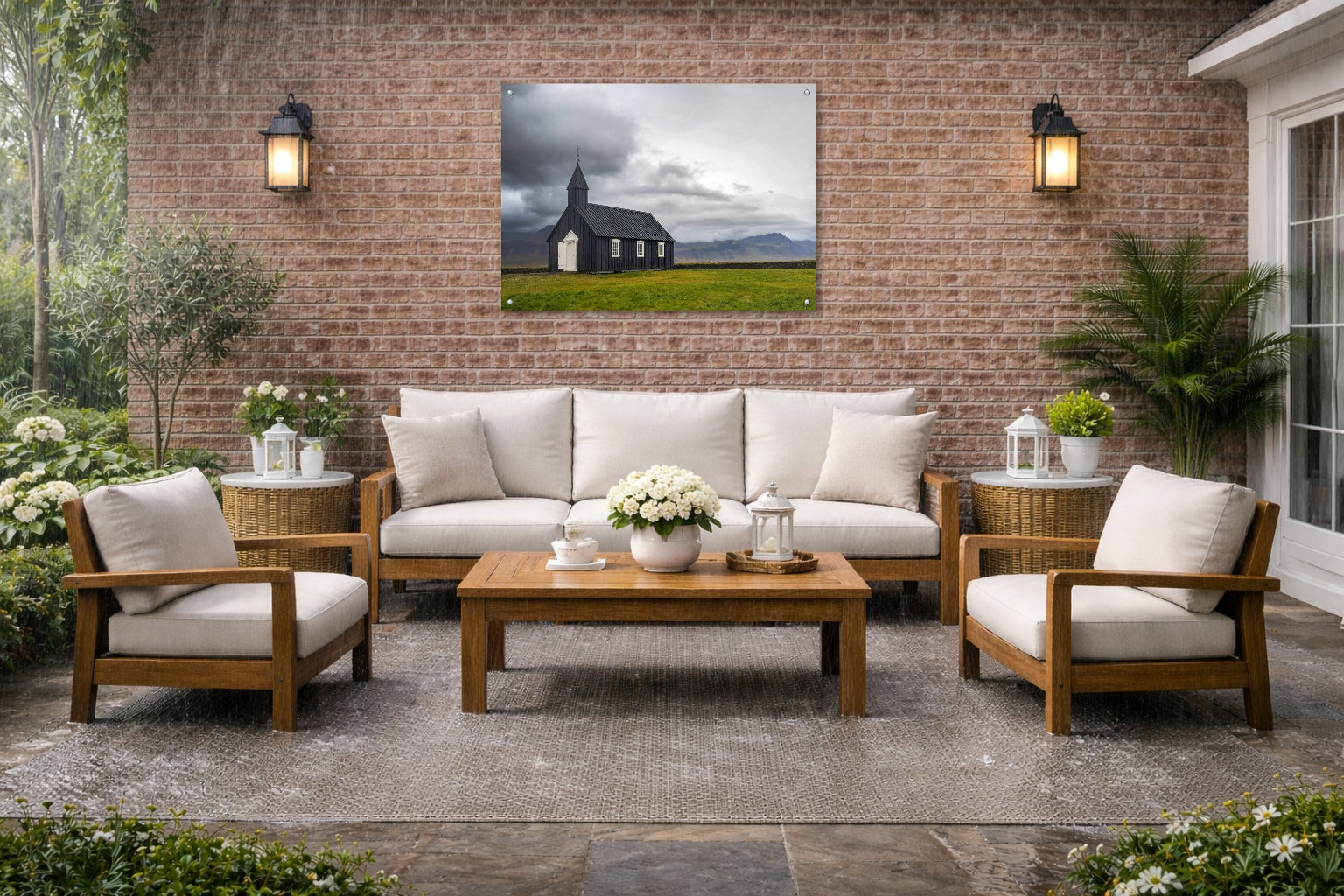 Black Church - Iceland printed on water resistant canvas and mounted on a waterproof frame. Hung on a patio wall.