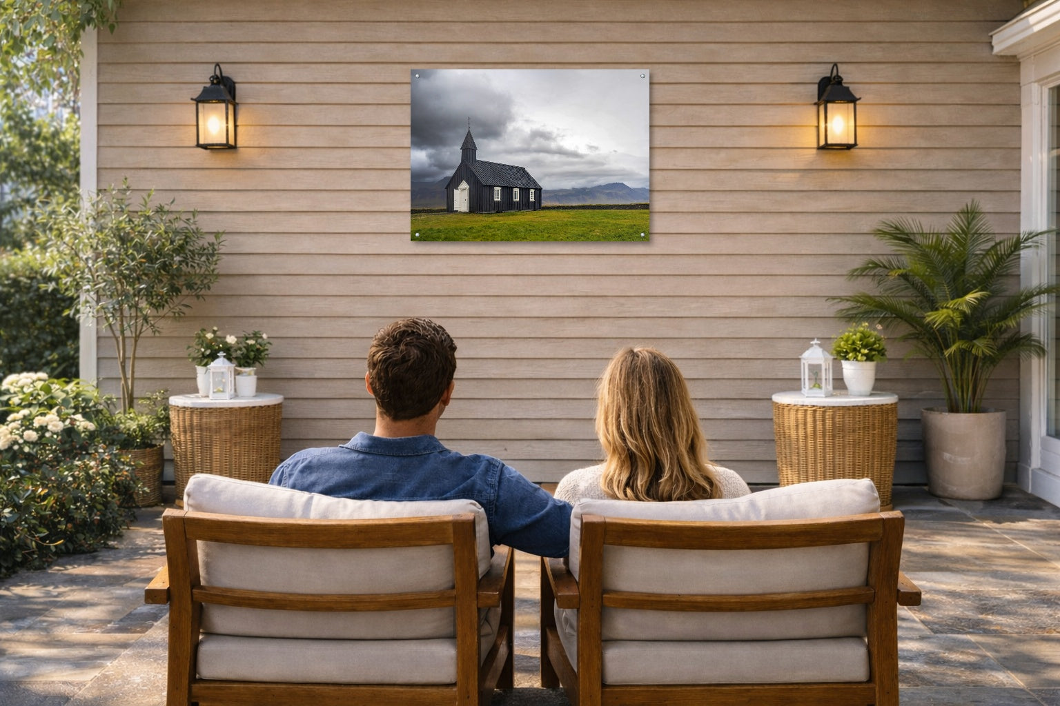 Black Church - Iceland printed on water resistant canvas and mounted on a waterproof frame. Hung on a patio wall with couple.