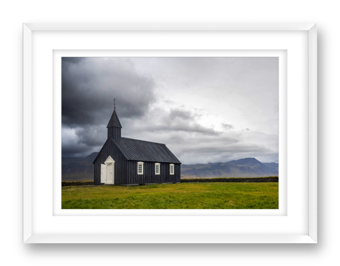 Black Church printed on fine art paper, framed on a white frame and matted.