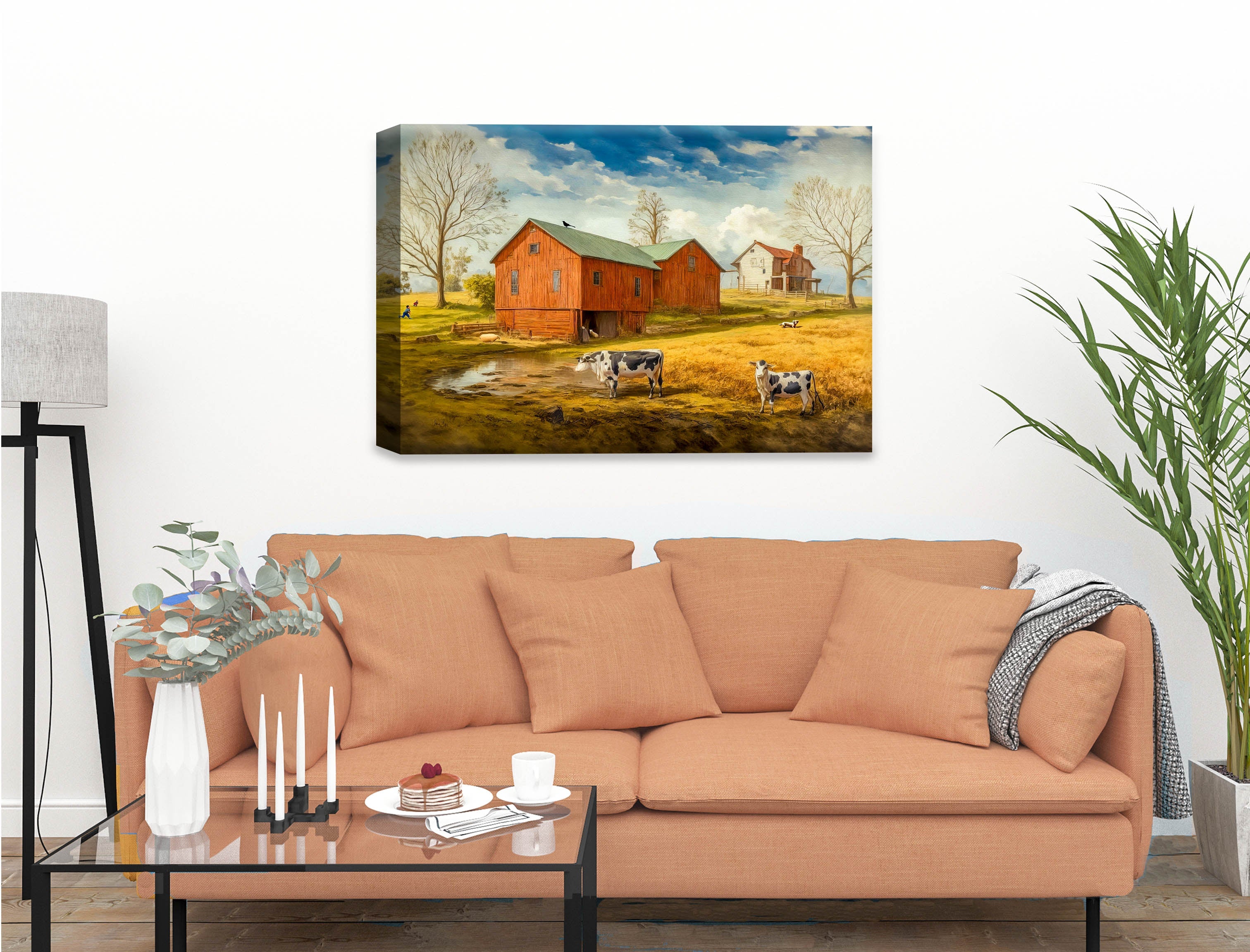 Farm Image - Canvas Wrap on Living Room Wall - Beige Sofa