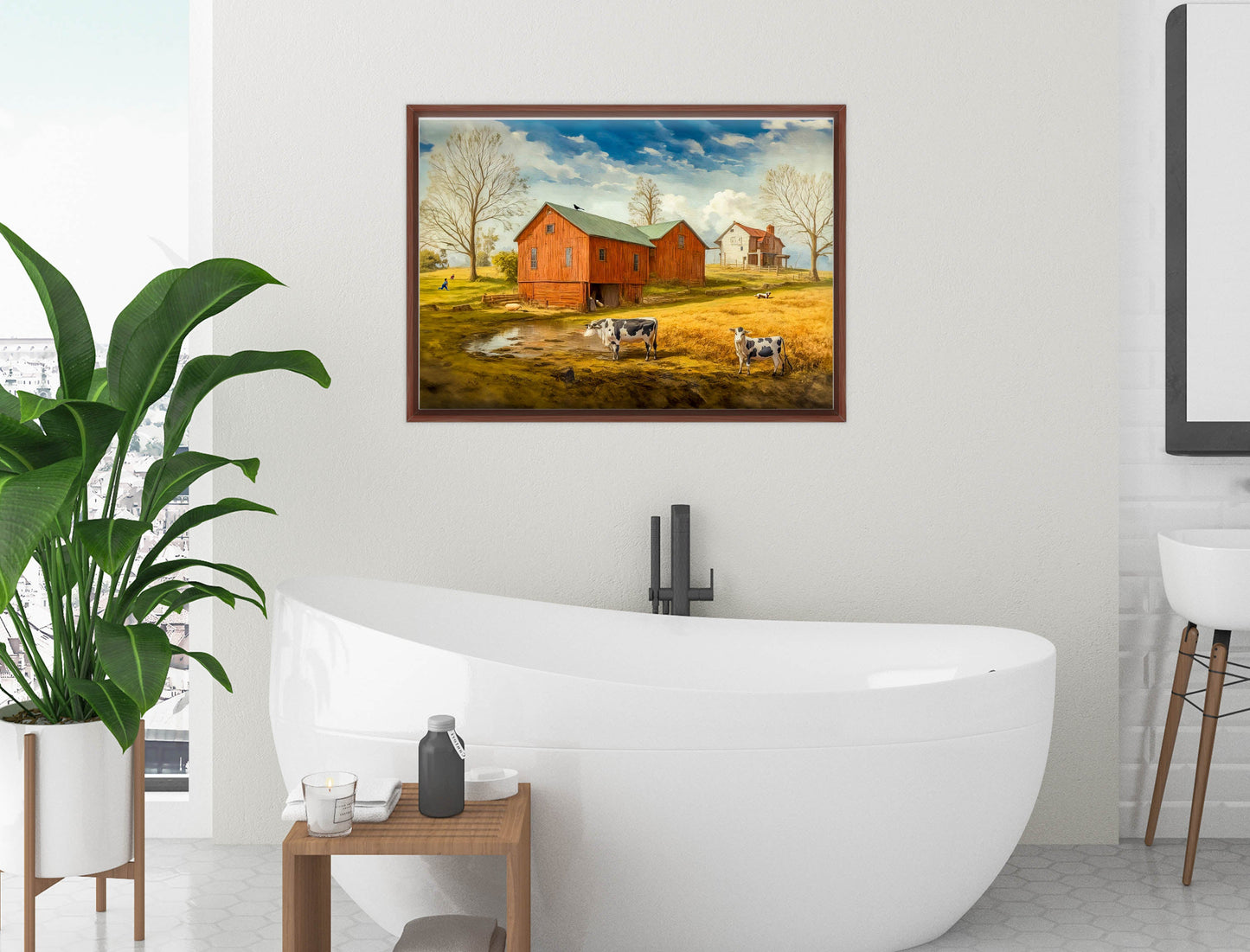 Farm Image - Canvas Wrap - Mahogany Frame on Bathroom Wall