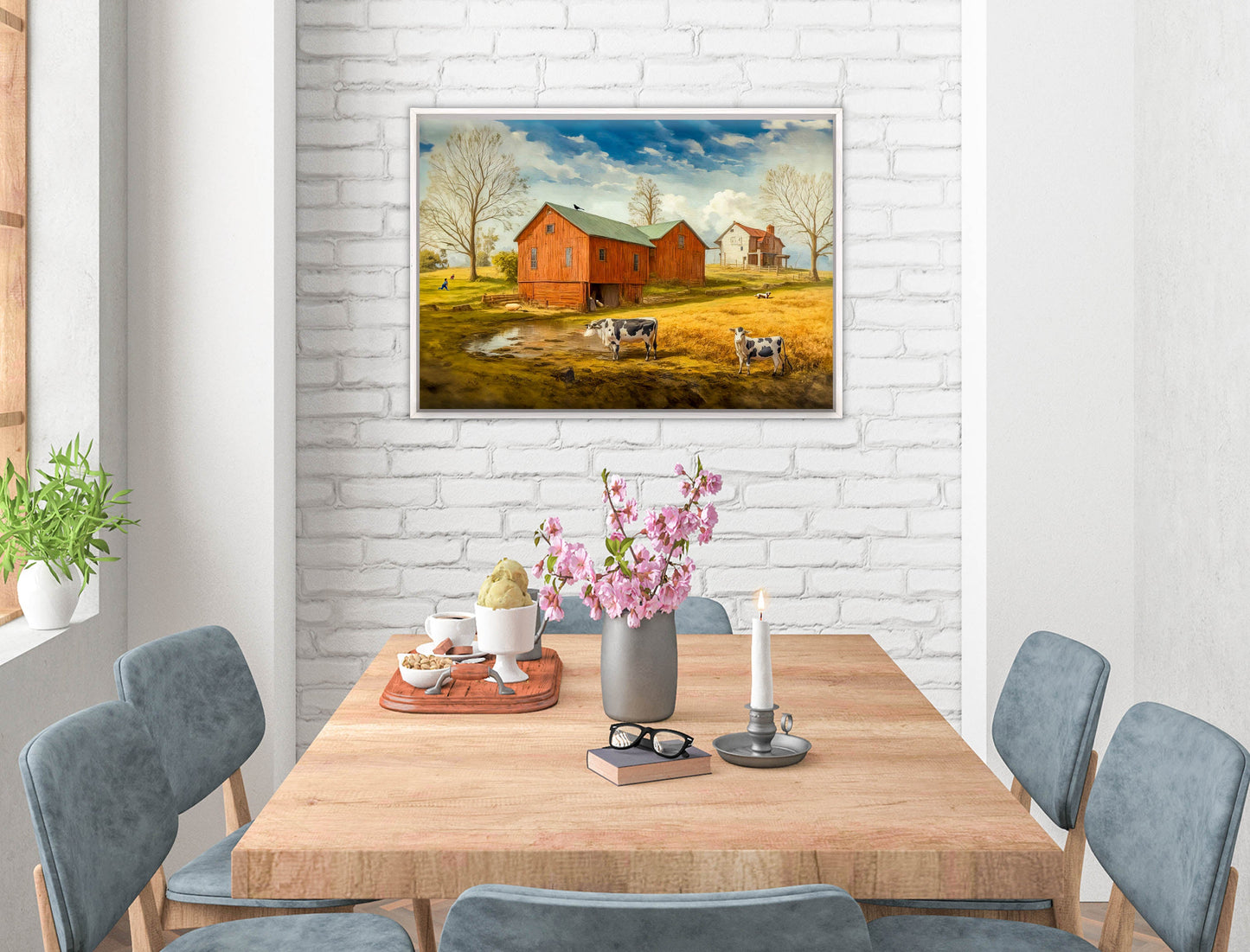 Farm Image - Canvas Wrap - White Frame on Dining Room Room Wall