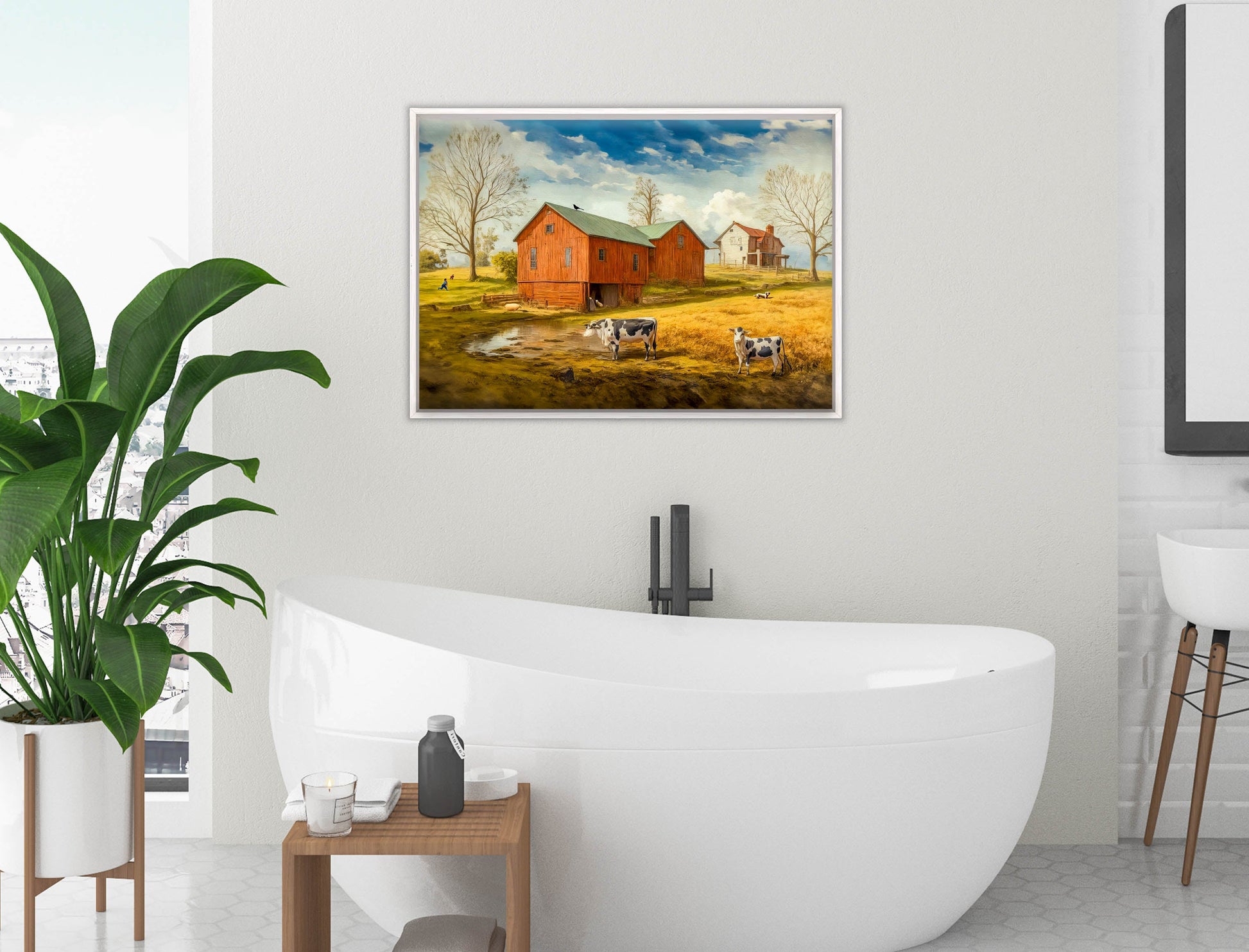 Farm Image - Canvas Wrap - White Frame on Bathroom Wall