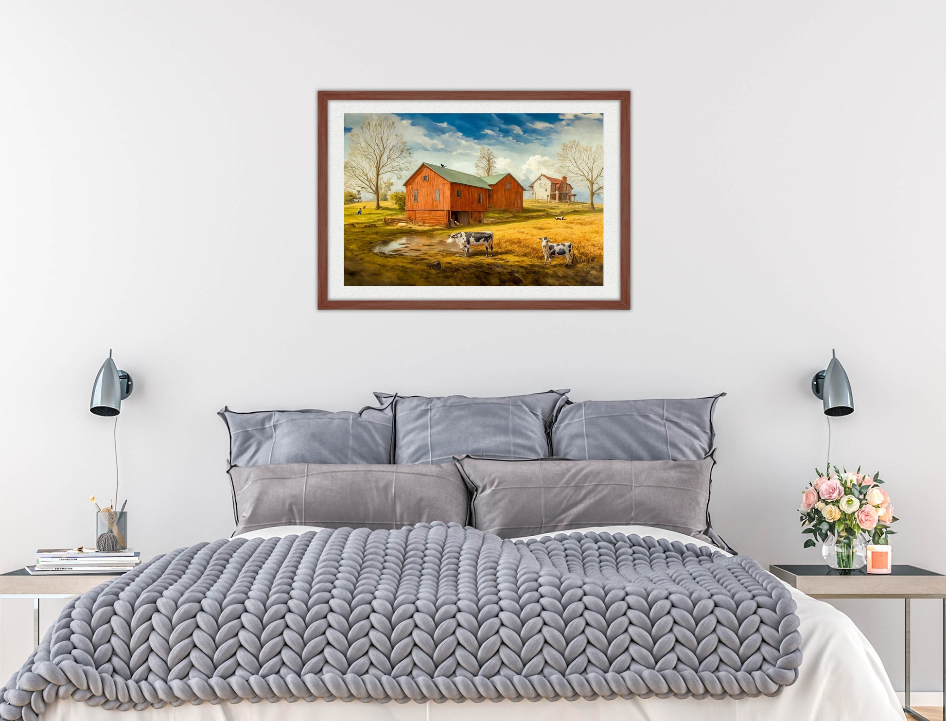 Farm Image - Framed Photo - Mahogany Frame on Bedroom Wall