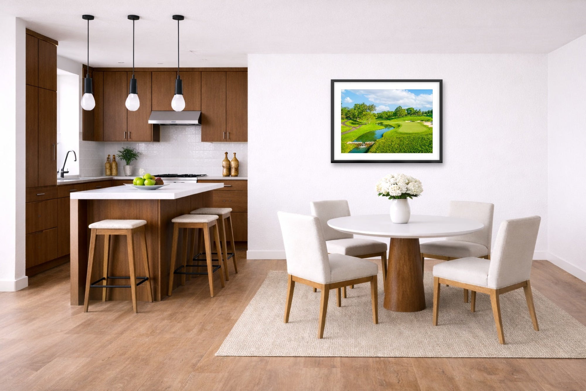 Green fairway at the 15th hole of Muirfield Village Golf Club printed on fine art paper, framed on a black frame and matted and hung on a wall on a dinette wall.