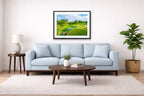Green fairway at the 15th hole of Muirfield Village Golf Club printed on fine art paper, framed on a black frame and matted and hung on a Living Room wall above a couch