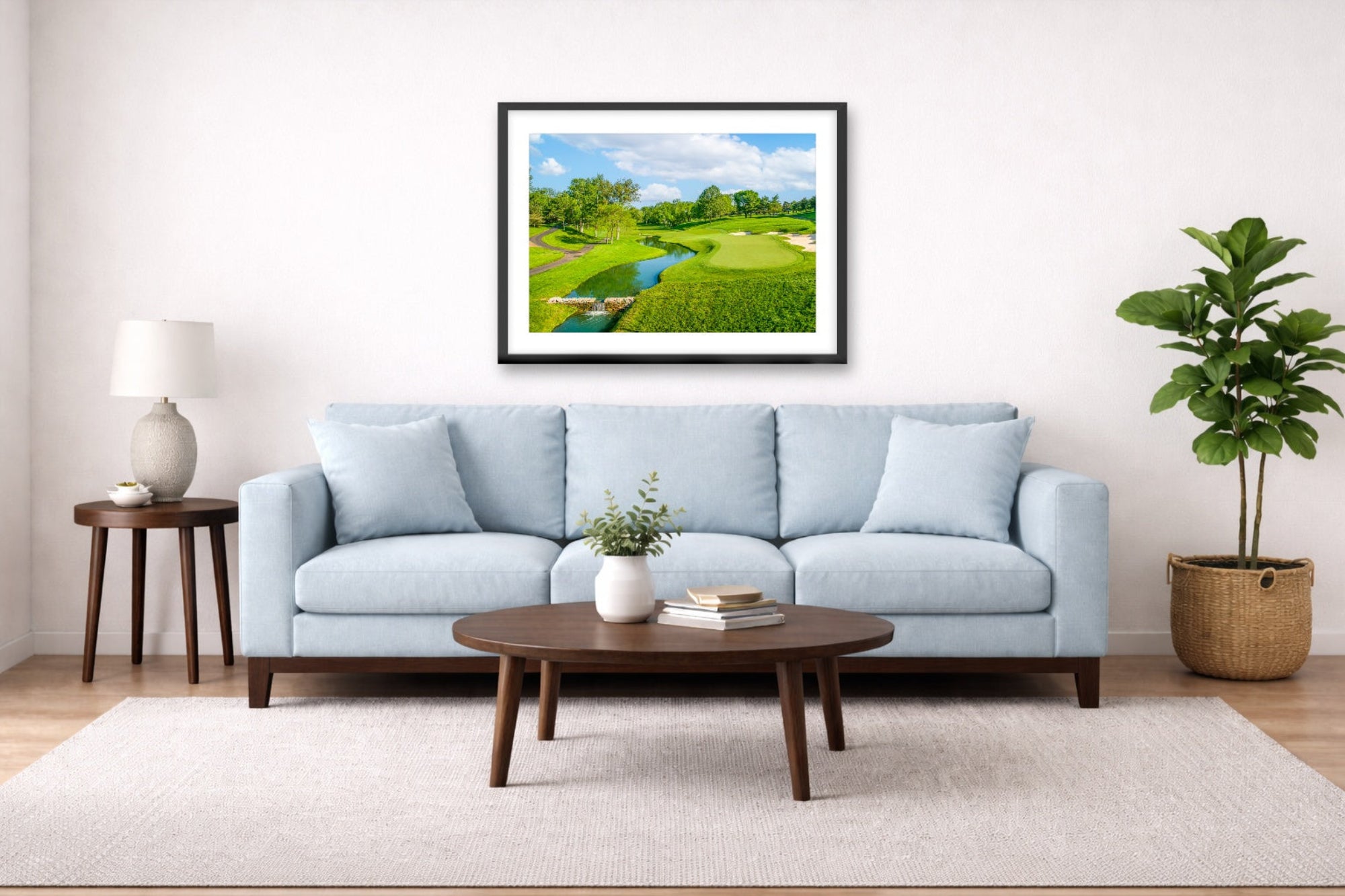 Green fairway at the 15th hole of Muirfield Village Golf Club printed on fine art paper, framed on a black frame and matted and hung on a Living Room wall above a couch