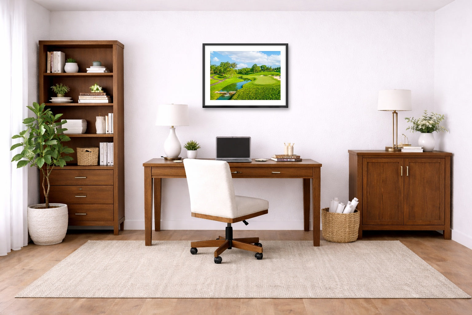 Green fairway at the 15th hole of Muirfield Village Golf Club printed on fine art paper, framed on a black frame and matted and hung on a wall on an home office wall.