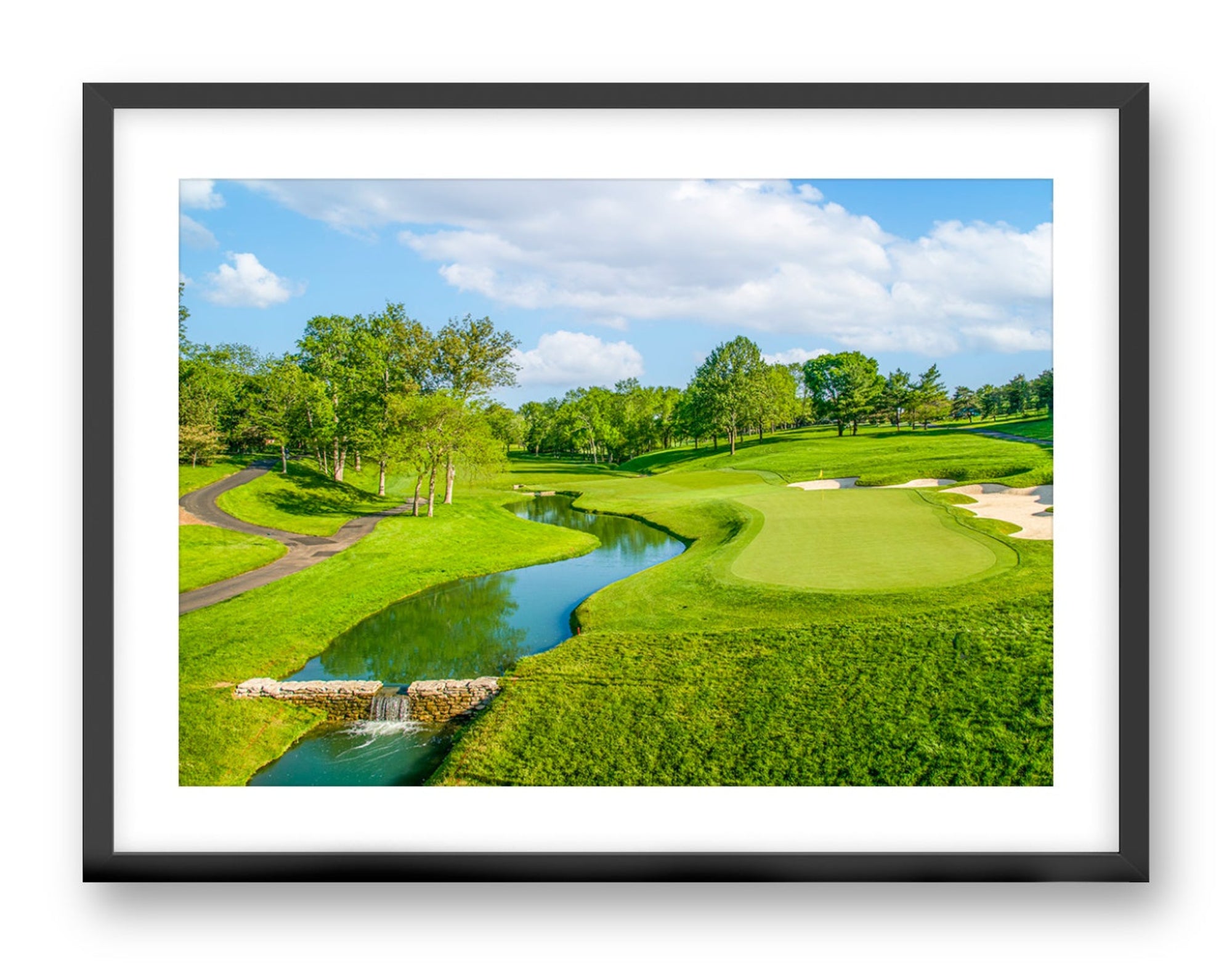 Green fairway at the 15th hole of Muirfield Village Golf Club printed on fine art paper, framed on a black frame and matted. 
